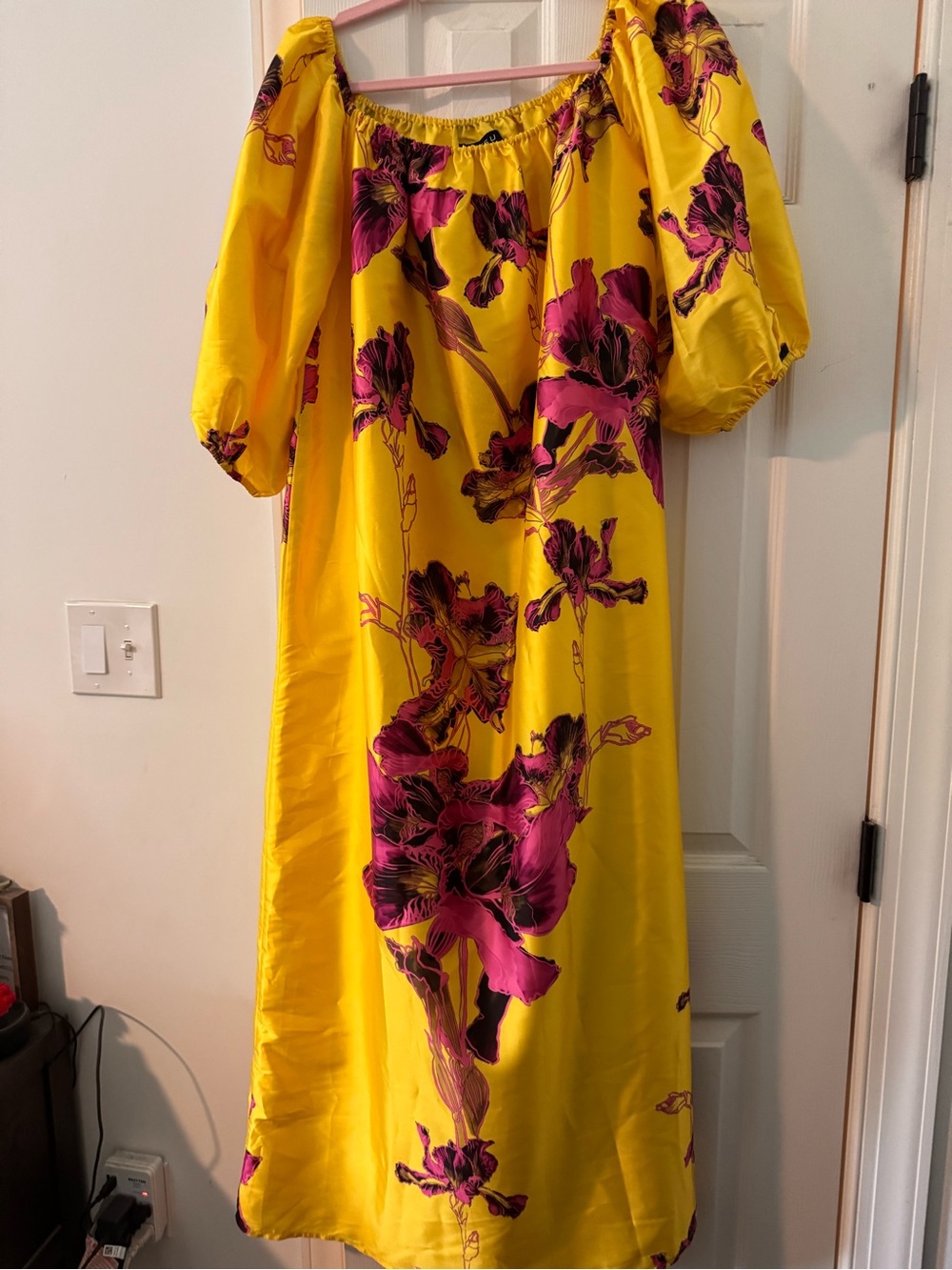 Anthropologie Bright Yellow Floral Midi Dress with Puff Sleeves